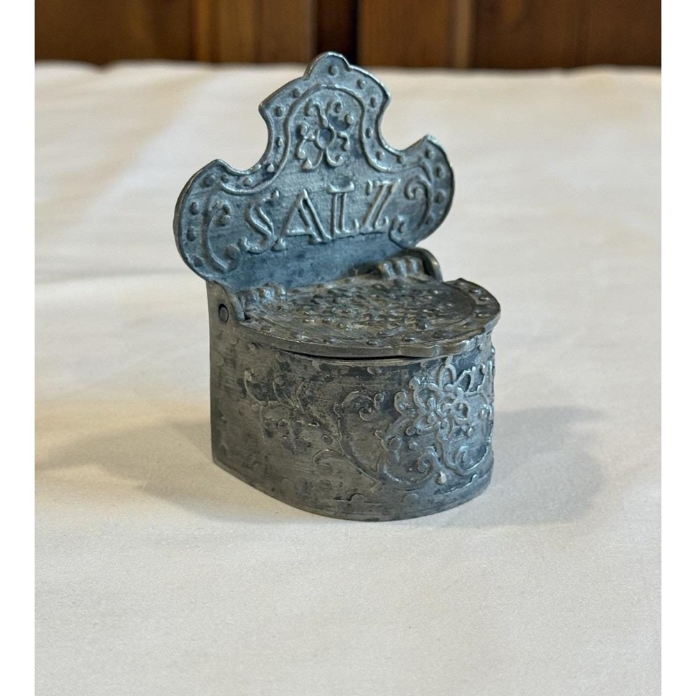 Antique German Pewter Salt Cellar Container With Hinged Lid